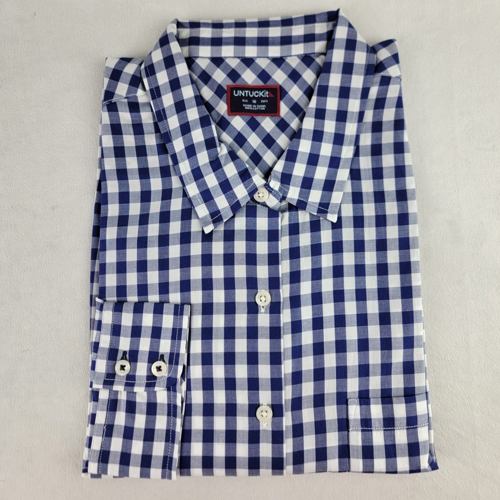 Untuckit Belleza Womens 10 Navy Gingham Check Long Sleeve‎ Button Up Casual NWT